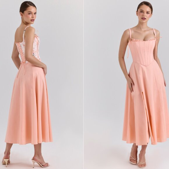 House of CB CLARABELLE Peach Cotton Detachable Corset Midi Sundress